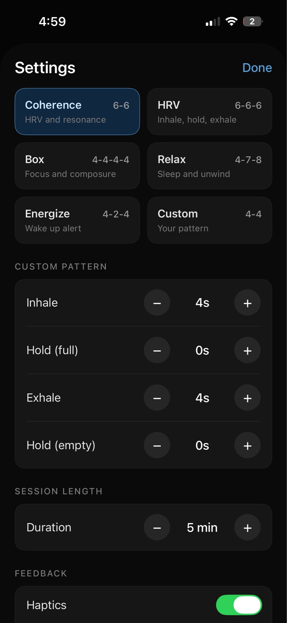 Coherence iOS settings screen